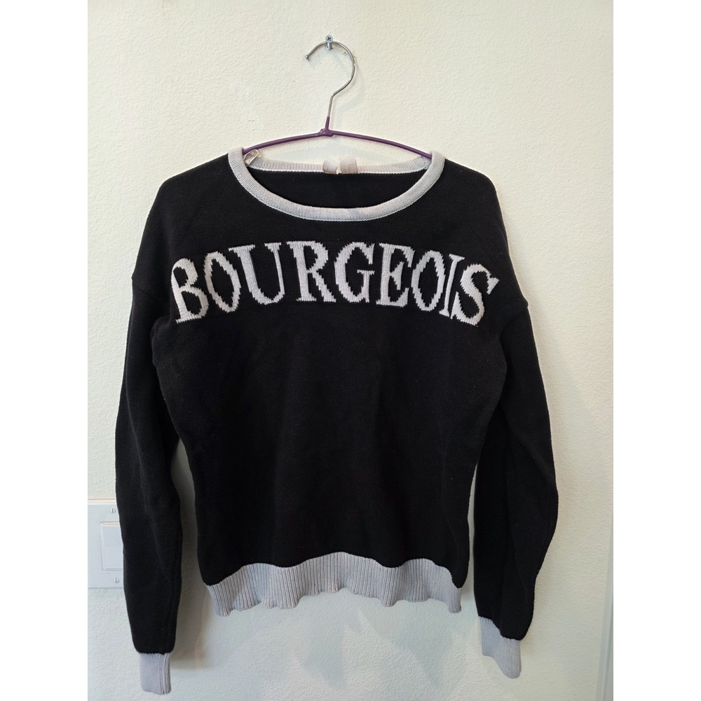 F21 Juniors Black Sweater Sz M "Bourgeois" Spellout Indie Cutie Cotton Blend